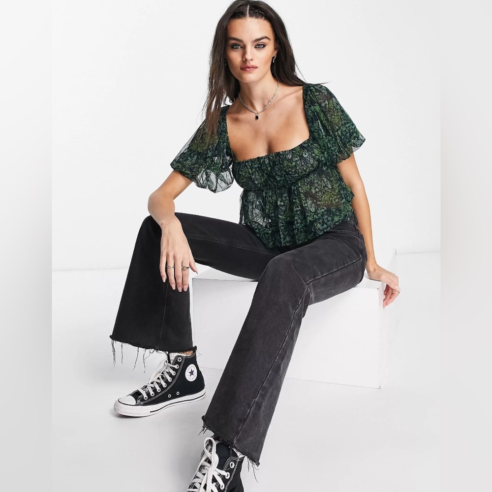 Free People Green Floral Square-Neck Peplum Blouse